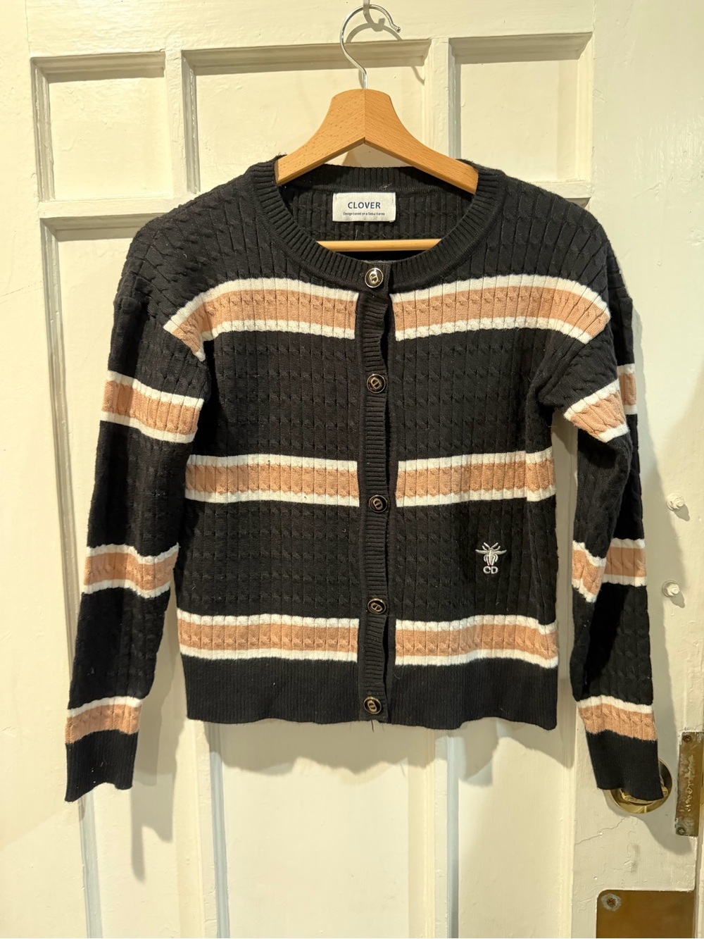 Clover Black Striped Button-Up Cardigan with Tan & White Bands